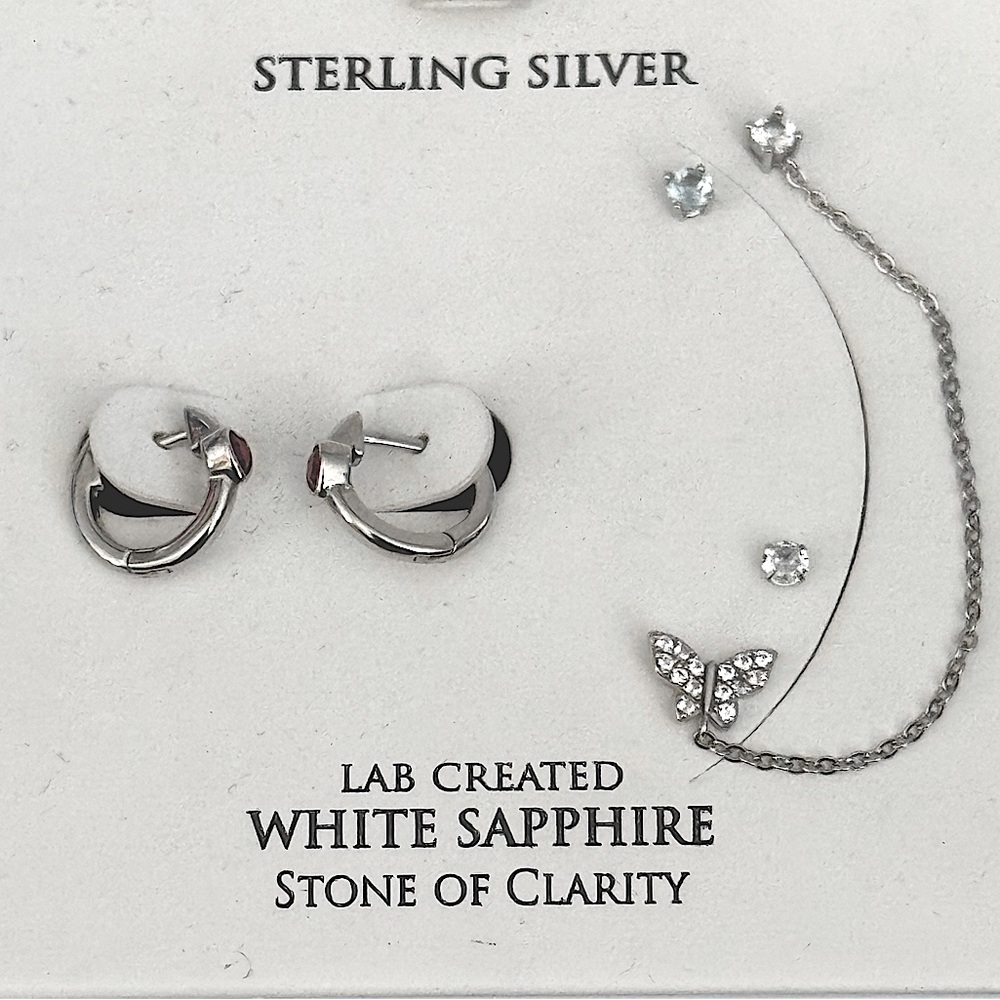 Macy’s Sterling Silver White Sapphire Earrings Set Fine Jewelry Huggies Studs